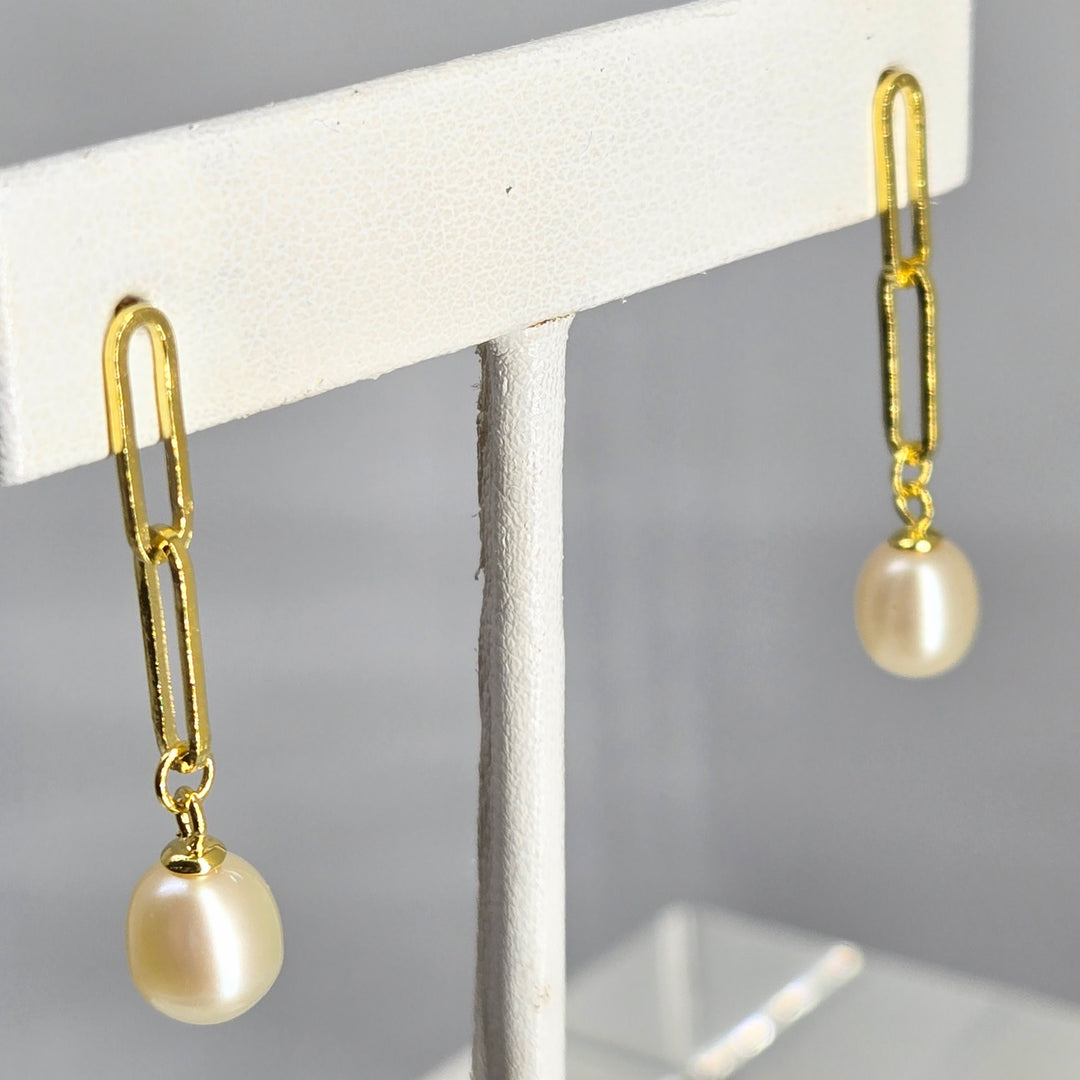 "Paperclip Pearl Drop" 1.25" Earrings - Pearl, 18k Gold Sterling