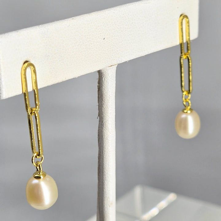"Paperclip Pearl Drop" 1.25" Earrings - Pearl, 18k Gold Sterling