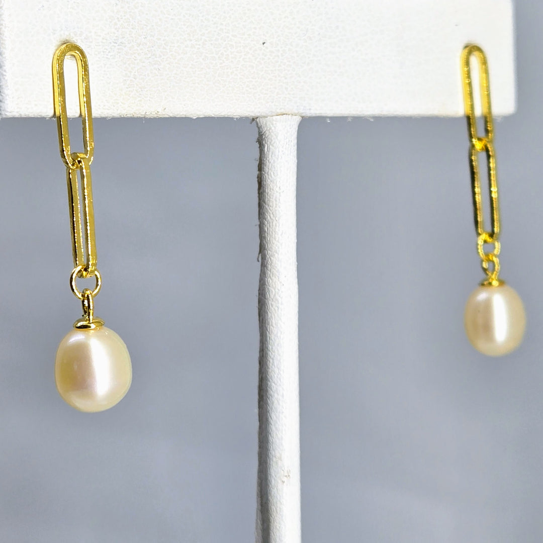 "Paperclip Pearl Drop" 1.25" Earrings - Pearl, 18k Gold Sterling