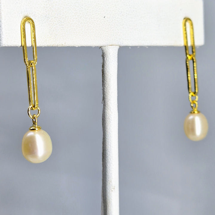 "Paperclip Pearl Drop" 1.25" Earrings - Pearl, 18k Gold Sterling