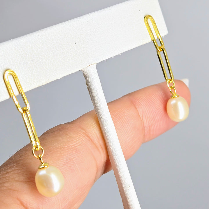 "Paperclip Pearl Drop" 1.25" Earrings - Pearl, 18k Gold Sterling