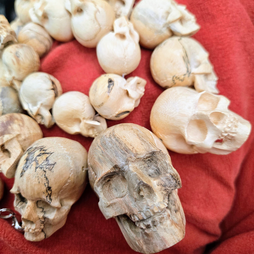 "The Talking Heads" 28" - 29" Necklace Hand-carved Wood, Sterling