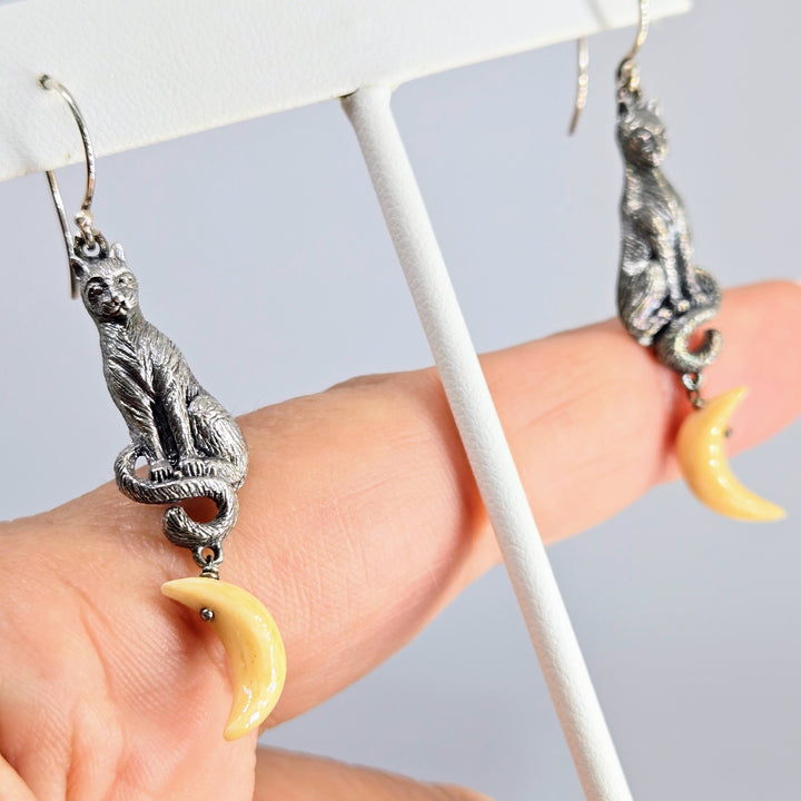 "Kitty Moon" - 2.25" Earrings - Bone, Sterling