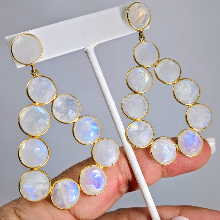 "Jumpin' Jack Flash" 3" Hoop Earrings - Faceted Labradorite or Moonstone, 18k Gold Sterling