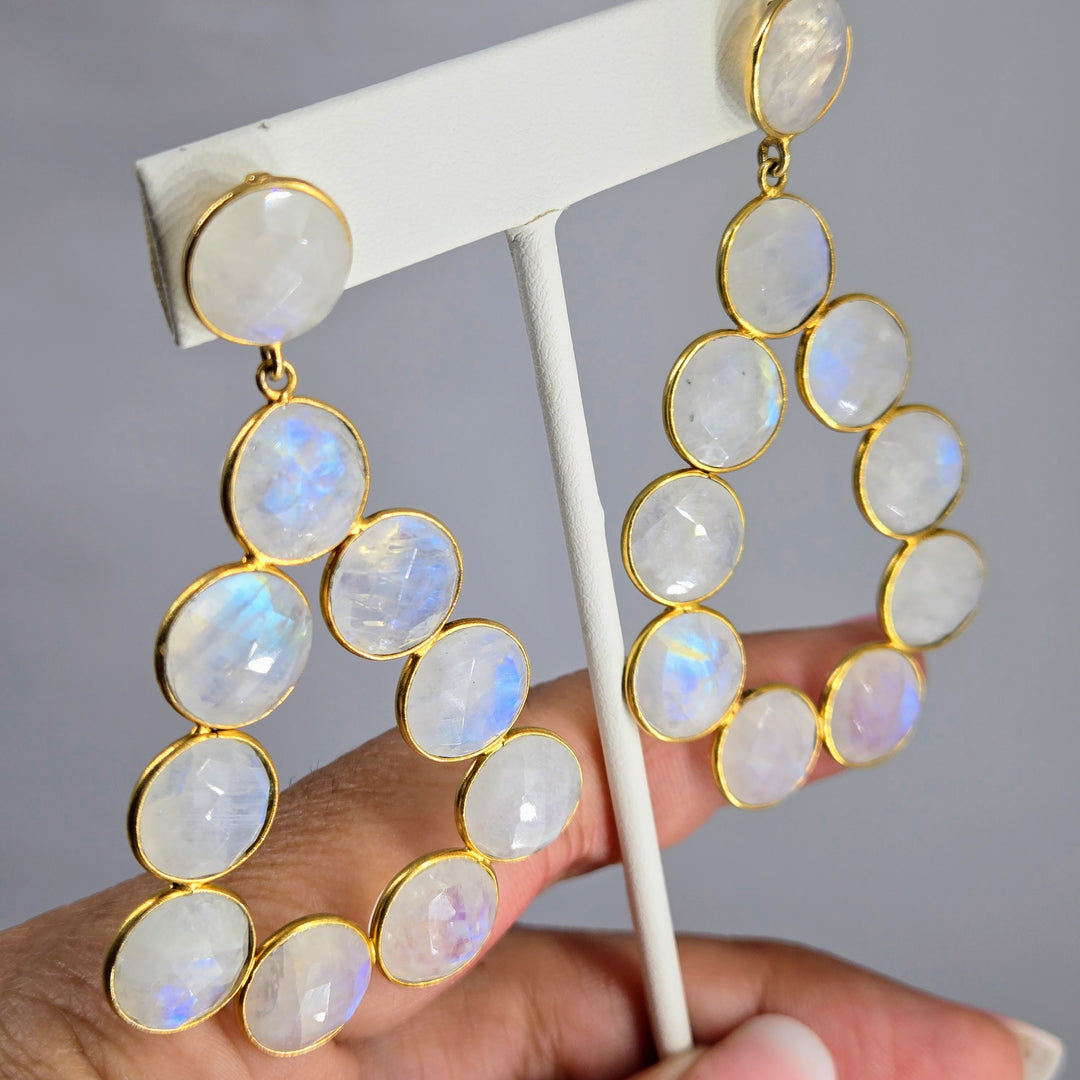 "Jumpin' Jack Flash" 3" Hoop Earrings - Faceted Labradorite or Moonstone, 18k Gold Sterling