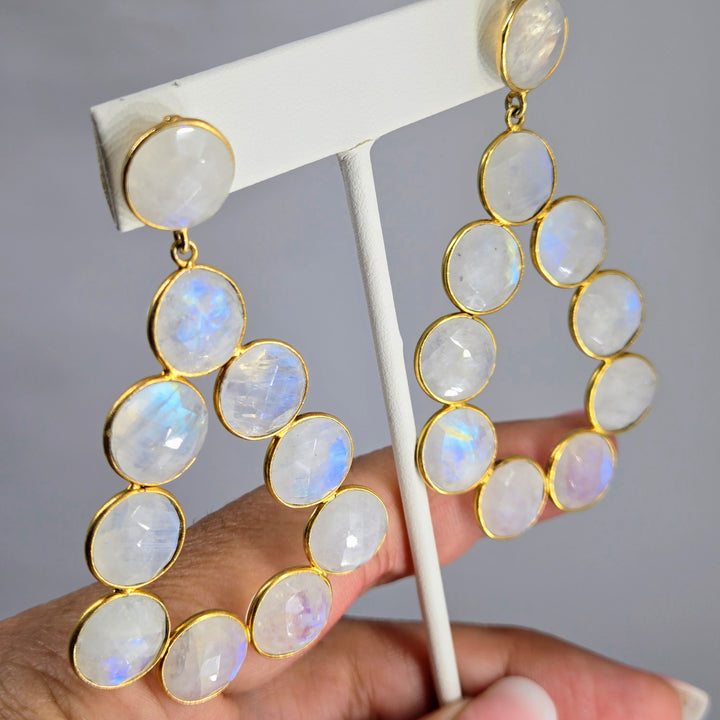 "Jumpin' Jack Flash" 3" Hoop Earrings - Faceted Labradorite or Moonstone, 18k Gold Sterling