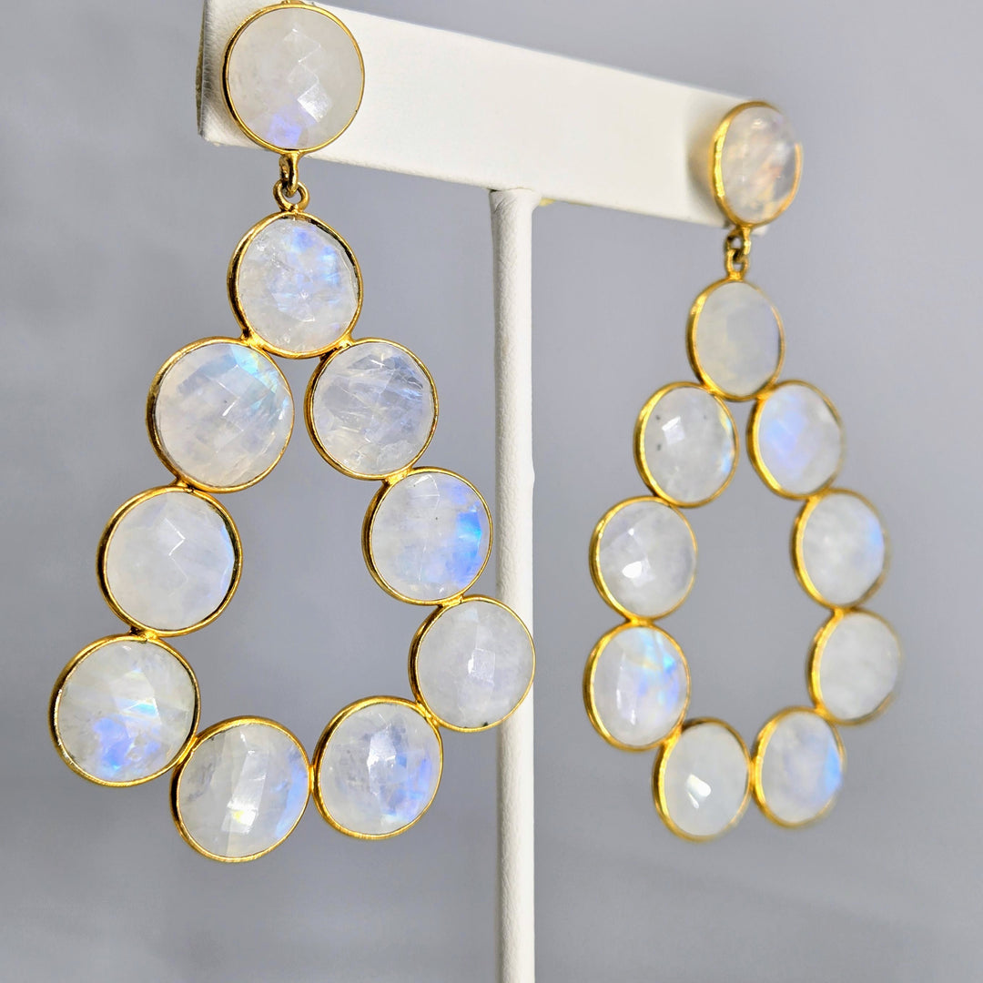 "Jumpin' Jack Flash" 3" Hoop Earrings - Faceted Labradorite or Moonstone, 18k Gold Sterling