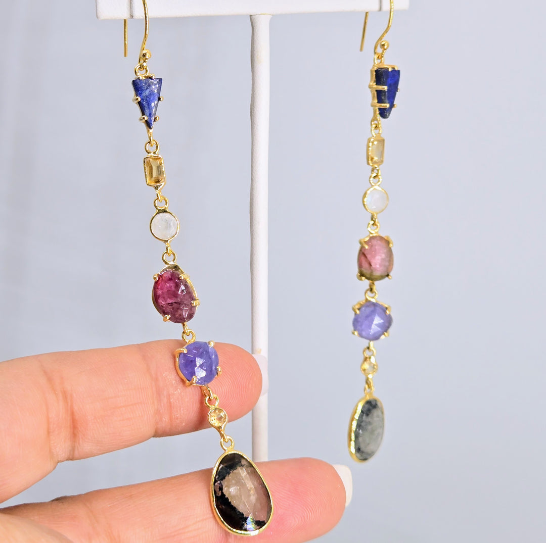 "Shoulder Dusters" 4" Earrings - Mixed Gems, Sterling or Gold Sterling