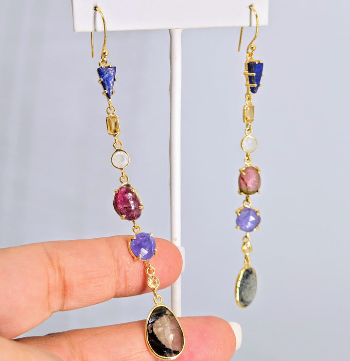"Shoulder Dusters" 4" Earrings - Mixed Gems, Sterling or Gold Sterling