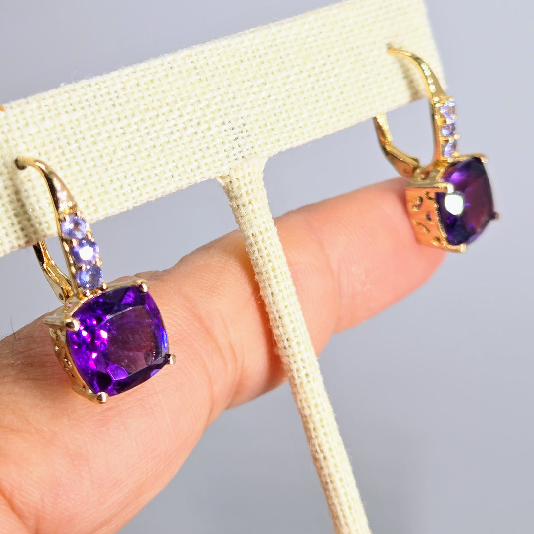 "Imperial" 1" Earrings - Amethyst,Tanzanite, 18k Gold Sterling