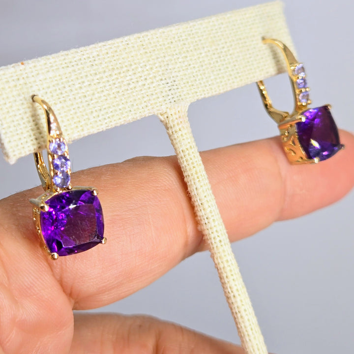 "Imperial" 1" Earrings - Amethyst,Tanzanite, 18k Gold Sterling