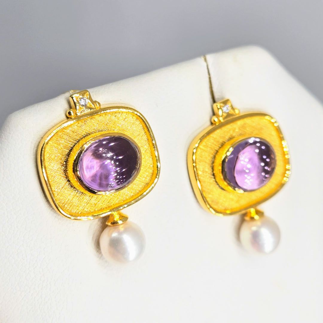 "Sophisticated Sweeties" 1" Earrings - Amethyst, Shell Pearl, Zircon, 18k Gold Sterling