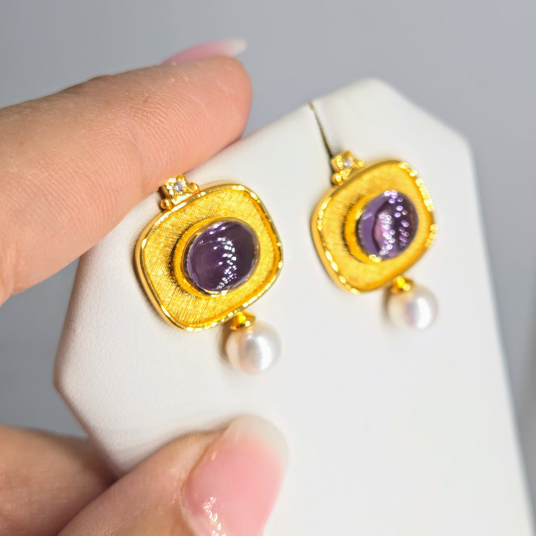 "Sophisticated Sweeties" 1" Earrings - Amethyst, Shell Pearl, Zircon, 18k Gold Sterling