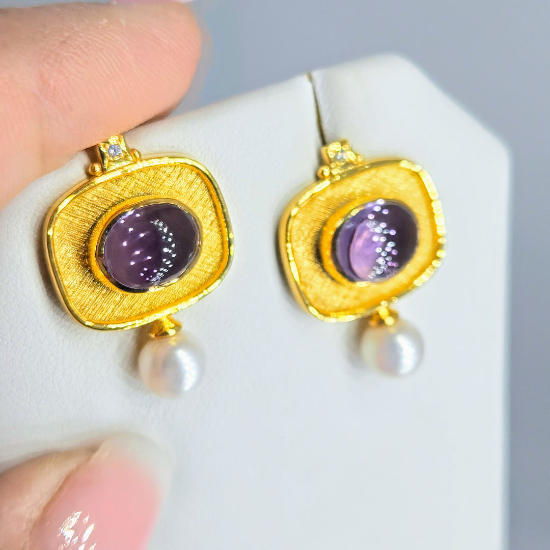 "Sophisticated Sweeties" 1" Earrings - Amethyst, Shell Pearl, Zircon, 18k Gold Sterling