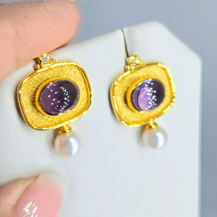 "Sophisticated Sweeties" 1" Earrings - Amethyst, Shell Pearl, Zircon, 18k Gold Sterling