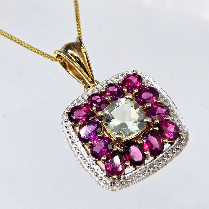 "Beauty Bomb" Pendant Necklace - Rhodolite Garnet, Green Amethyst, 18k Gold Sterling