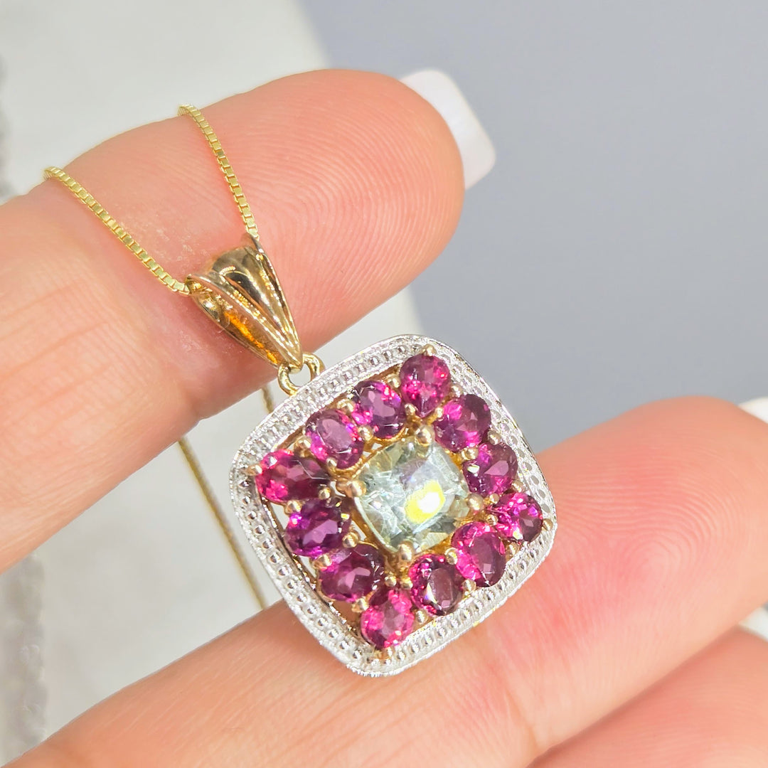 "Beauty Bomb" Pendant Necklace - Rhodolite Garnet, Green Amethyst, 18k Gold Sterling