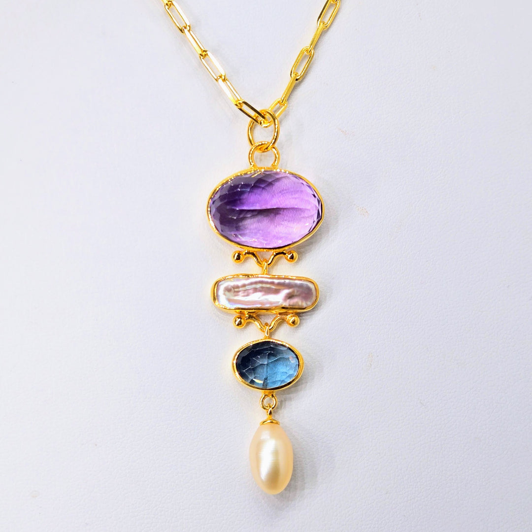 "The Royal ME" Pendant Necklace - Amethyst. Topaz, Pearls, 18k Gold Sterling