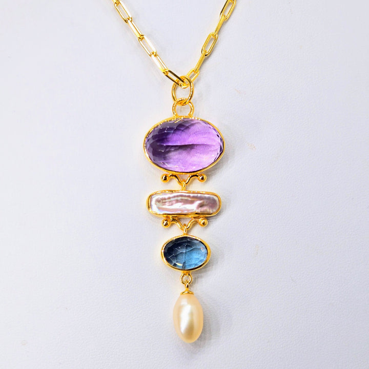 "The Royal ME" Pendant Necklace - Amethyst. Topaz, Pearls, 18k Gold Sterling