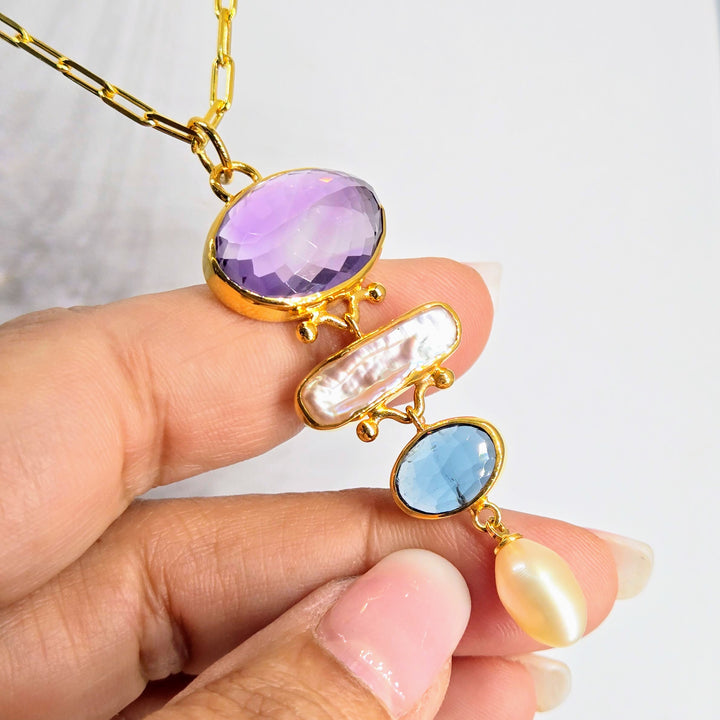 "The Royal ME" Pendant Necklace - Amethyst. Topaz, Pearls, 18k Gold Sterling