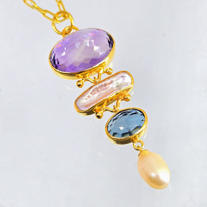 "The Royal ME" Pendant Necklace - Amethyst. Topaz, Pearls, 18k Gold Sterling