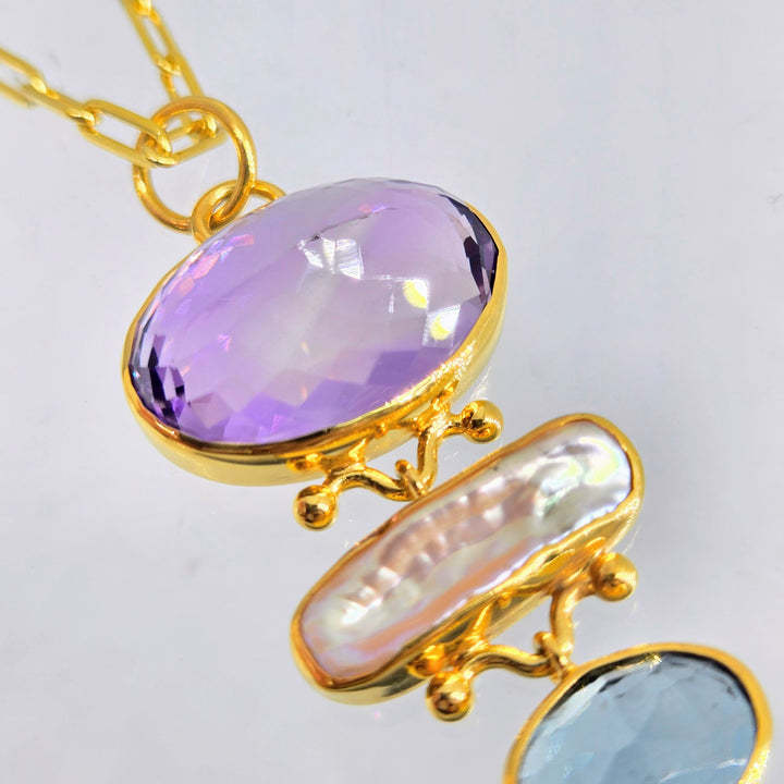 "The Royal ME" Pendant Necklace - Amethyst. Topaz, Pearls, 18k Gold Sterling