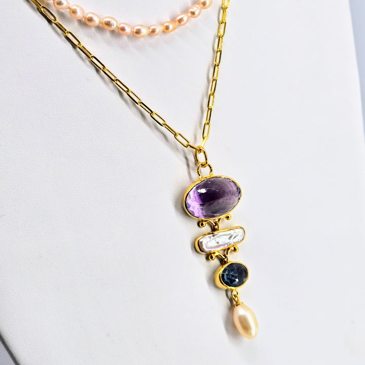 "The Royal ME" Pendant Necklace - Amethyst. Topaz, Pearls, 18k Gold Sterling
