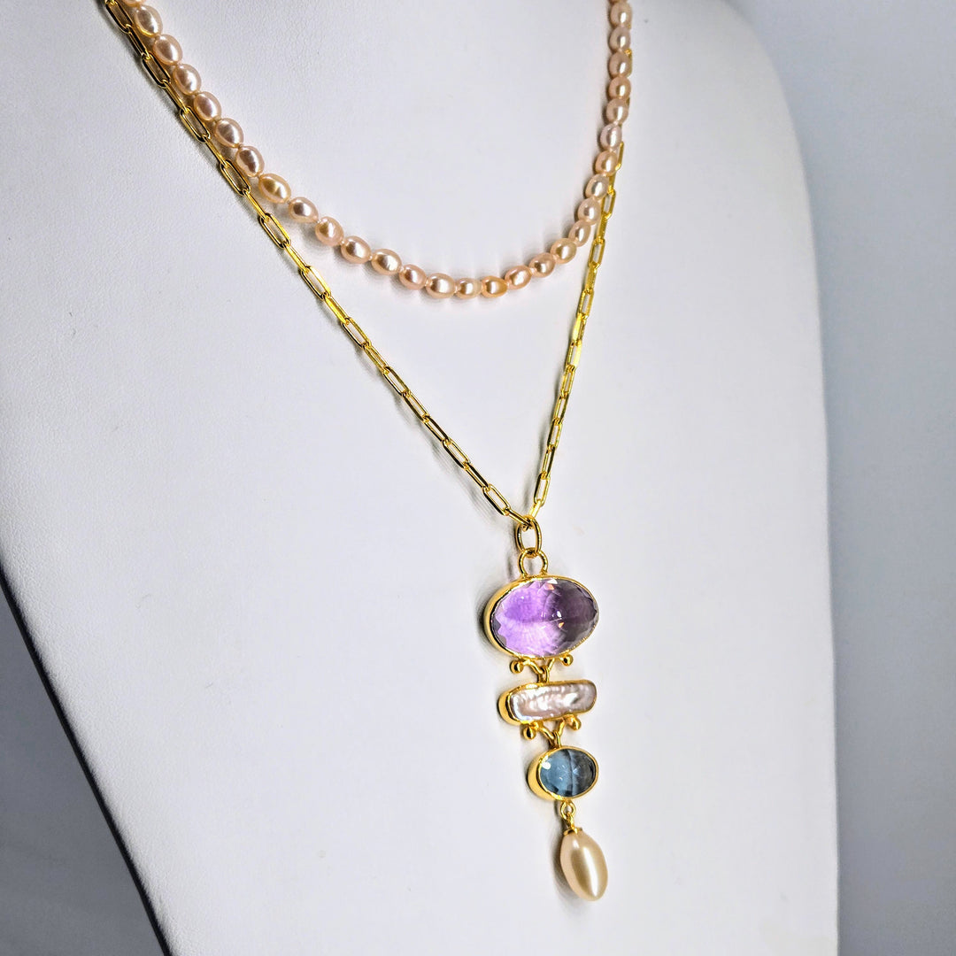 "The Royal ME" Pendant Necklace - Amethyst. Topaz, Pearls, 18k Gold Sterling
