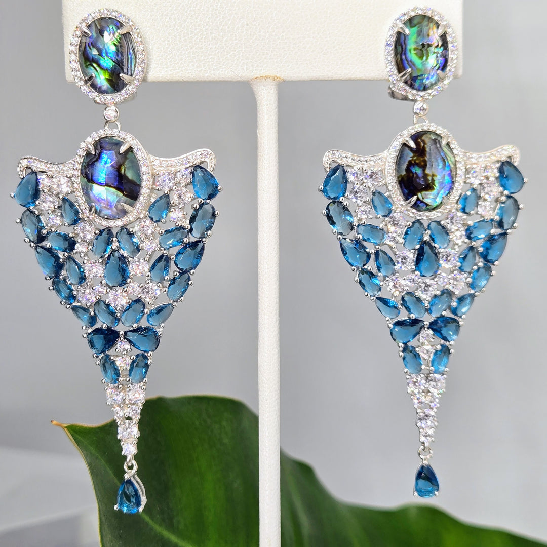 "Heavenly Creatures" 3.5" Earrings - Paua, Topaz, Anti-tarnish Sterling