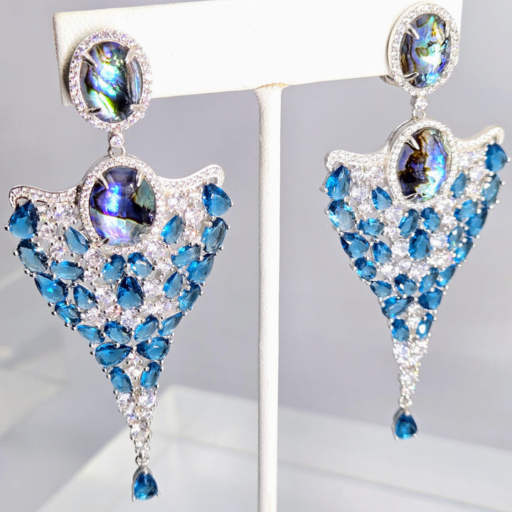 "Heavenly Creatures" 3.5" Earrings - Paua, Topaz, Anti-tarnish Sterling