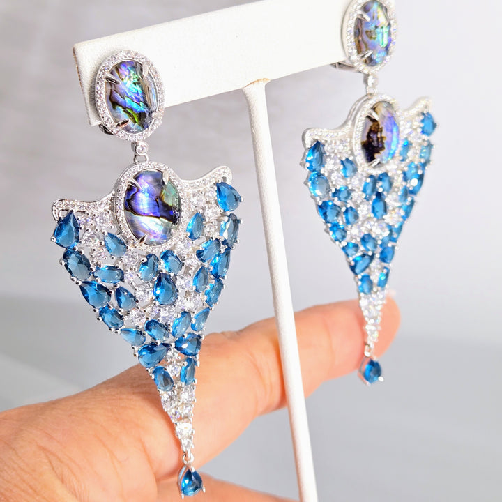 "Heavenly Creatures" 3.5" Earrings - Paua, Topaz, Anti-tarnish Sterling