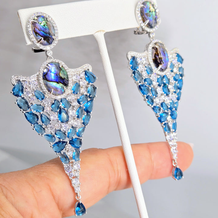 "Heavenly Creatures" 3.5" Earrings - Paua, Topaz, Anti-tarnish Sterling