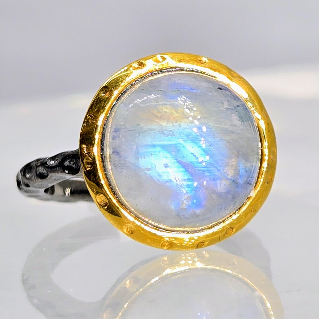 "Gazing Ball" Sz 8.5 Ring - Moonstone, Black Sterling, 18k Gold