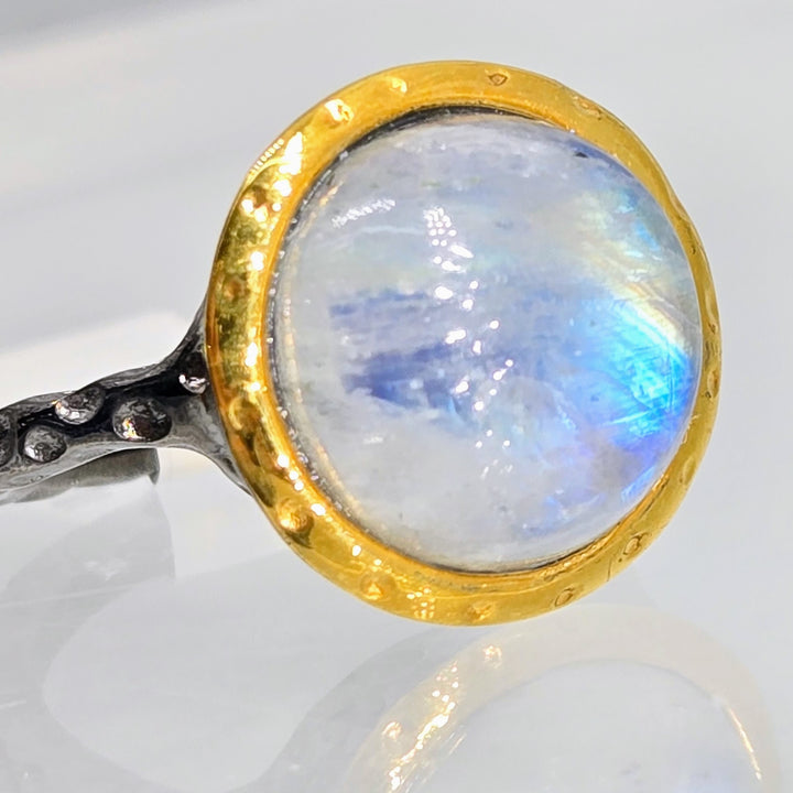 "Gazing Ball" Sz 8.5 Ring - Moonstone, Black Sterling, 18k Gold