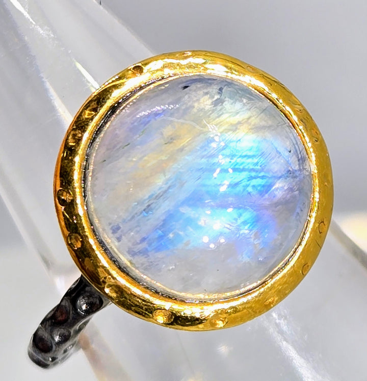 "Gazing Ball" Sz 8.5 Ring - Moonstone, Black Sterling, 18k Gold
