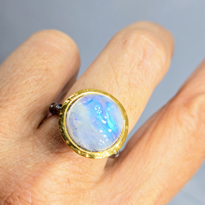 "Gazing Ball" Sz 8.5 Ring - Moonstone, Black Sterling, 18k Gold