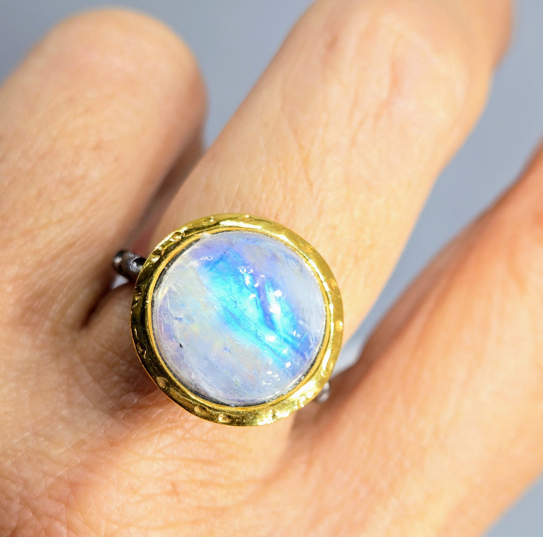 "Gazing Ball" Sz 8.5 Ring - Moonstone, Black Sterling, 18k Gold