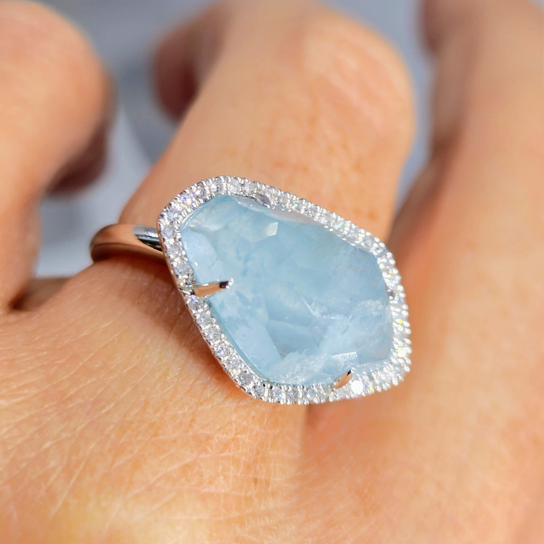 "Fancy-Pants" Sz 7 Ring - Aquamarine, Diamonds, Anti-tarnish Sterling