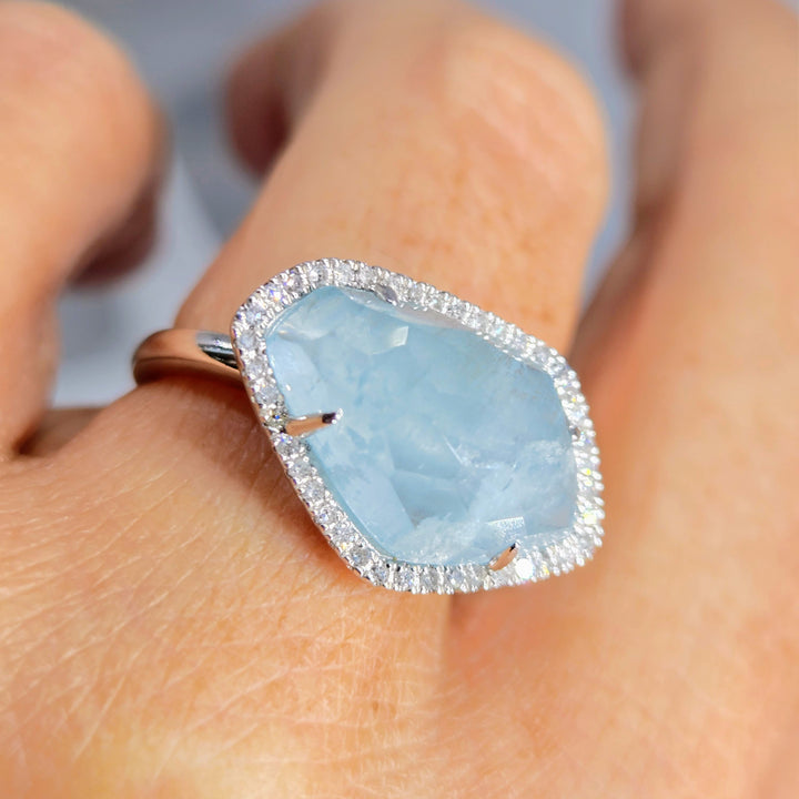 "Fancy-Pants" Sz 7 Ring - Aquamarine, Diamonds, Anti-tarnish Sterling