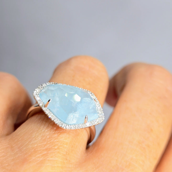"Fancy-Pants" Sz 7 Ring - Aquamarine, Diamonds, Anti-tarnish Sterling