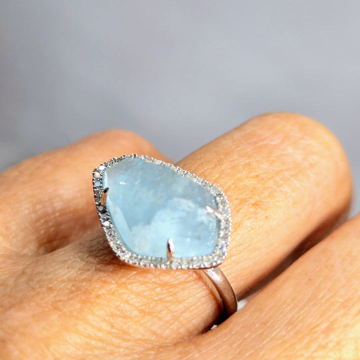 "Fancy-Pants" Sz 7 Ring - Aquamarine, Diamonds, Anti-tarnish Sterling