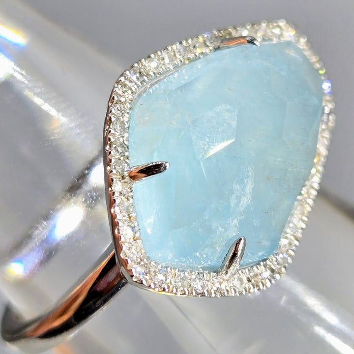 "Fancy-Pants" Sz 7 Ring - Aquamarine, Diamonds, Anti-tarnish Sterling