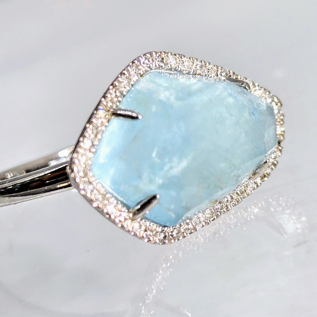 "Fancy-Pants" Sz 7 Ring - Aquamarine, Diamonds, Anti-tarnish Sterling