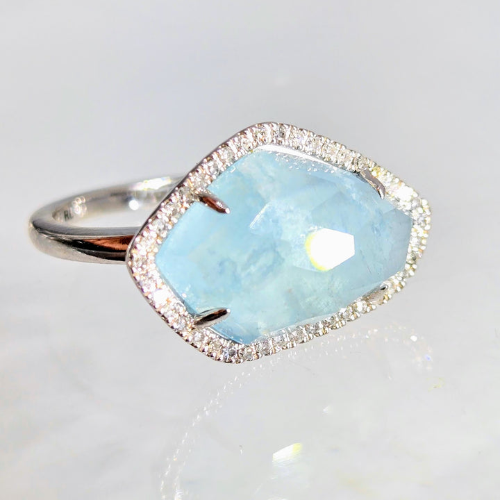 "Fancy-Pants" Sz 7 Ring - Aquamarine, Diamonds, Anti-tarnish Sterling