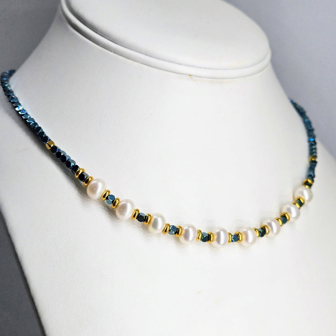 "Everyday Mermaid" 16" - 18" Necklace - Titanium Agate, Pearls, 18k GPB