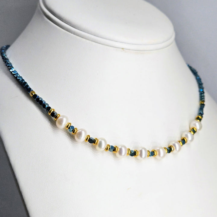 "Everyday Mermaid" 16" - 18" Necklace - Titanium Agate, Pearls, 18k GPB