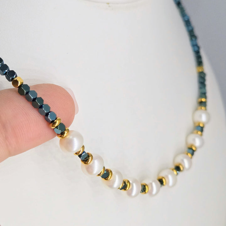 "Everyday Mermaid" 16" - 18" Necklace - Titanium Agate, Pearls, 18k GPB