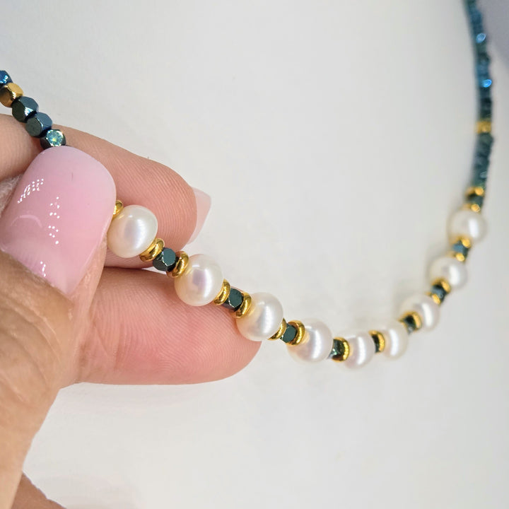 "Everyday Mermaid" 16" - 18" Necklace - Titanium Agate, Pearls, 18k GPB