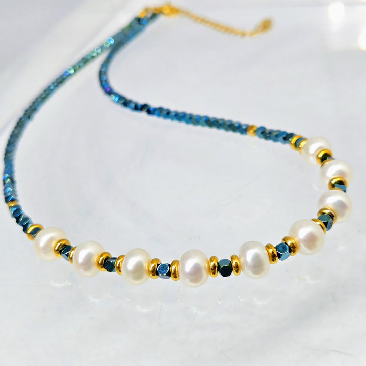 "Everyday Mermaid" 16" - 18" Necklace - Titanium Agate, Pearls, 18k GPB