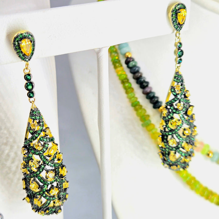 "Green Pineapple" 2.5" Earrings - Green & Golden Topaz, 18k Gold Sterling